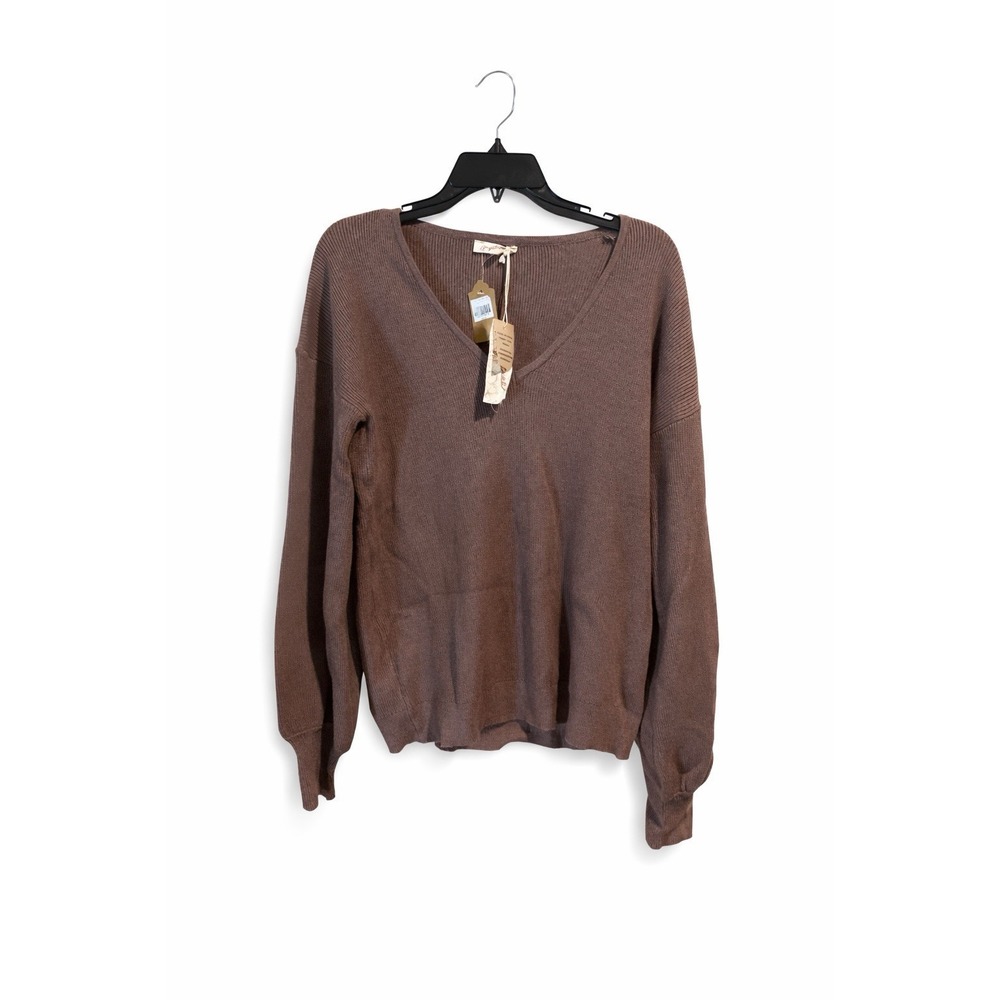 Mystree Brown Ribbed V-Neck Sweater Women's Size Large NWT Soft Knit Top